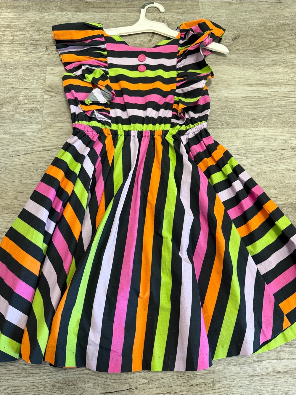 Girls' Neon Stripe Flutter-Sleeve Cotton Dress
